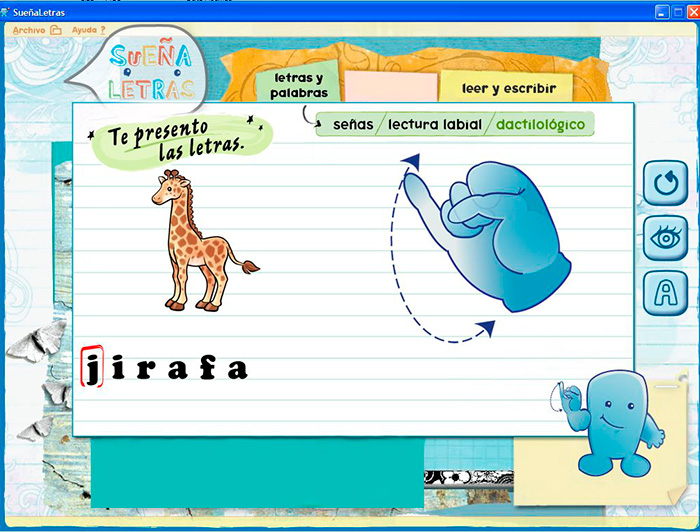 Screenshot of SueñaLetras: a hand is teaching the letter "j" trough the word "giraffe" in Spanish.