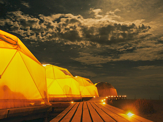 a row of yellow tents on a wooden walkway at night
