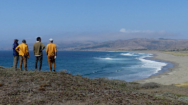 Faculty members from UC Chile are in the Nature Reserve System in California. They are watching the sea from the top of a hill.