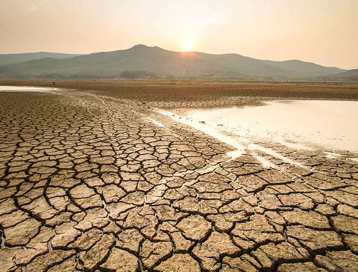 Tierra agrietada y un lago con agua escasa.