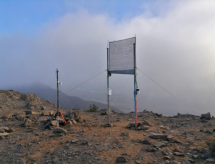 Un grupo de personas observa un neblinómetro en el desierto