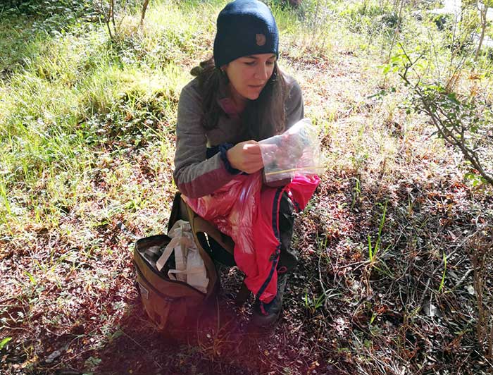 Investigadora tomando muestras para su investigación en medio del bosque