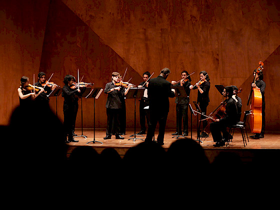 Orchestra playing on a stage with audience silhouettes.
