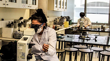 Estudiante en un laboratorio observa en un microscopio electrónico.