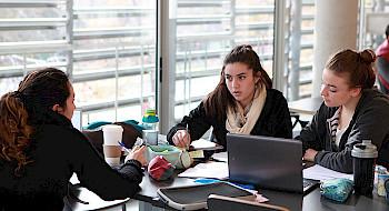 Jóvenes estudiantes trabajan en grupo en una sala de estudio con un computador, cuadernos y otras cosas sobre la mesa
