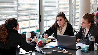 Jóvenes estudiantes trabajan en grupo en una sala de estudio con un computador, cuadernos y otras cosas sobre la mesa