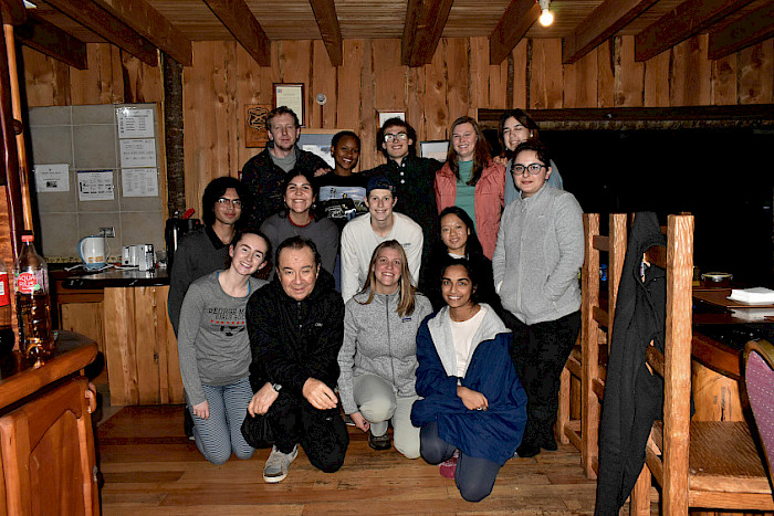 Group of Exchange students at the Huilo Huilo Foundation smiling.