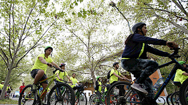 UC Chile students riding bicycles on a street surrounded by trees.