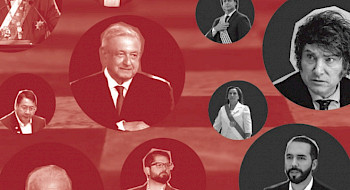 Imagen portada Índice Riesgo Político América Latina 2024, donde aparecen fotografías de presidentes de la región encerradas en círculos con fondo rojo.