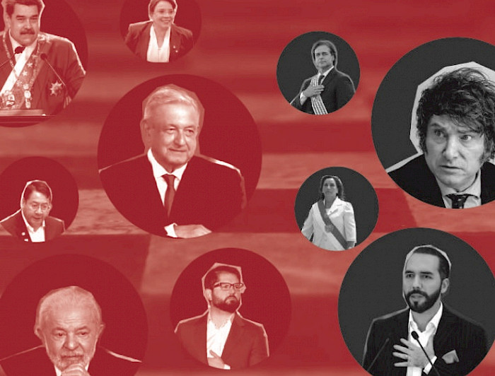 Imagen portada Índice Riesgo Político América Latina 2024, donde aparecen fotografías de presidentes de la región encerradas en círculos con fondo rojo.