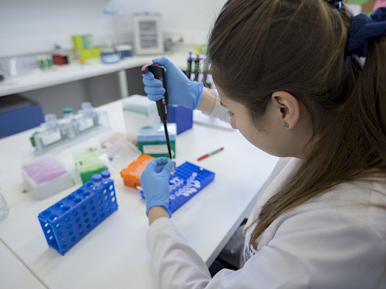 Investigadora analiza una muestra en laboratorio.