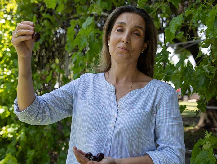 La Profesora Marlene Ayala sostiene en sus manos cerezas, de fondo se aprecian hojas de una parra.