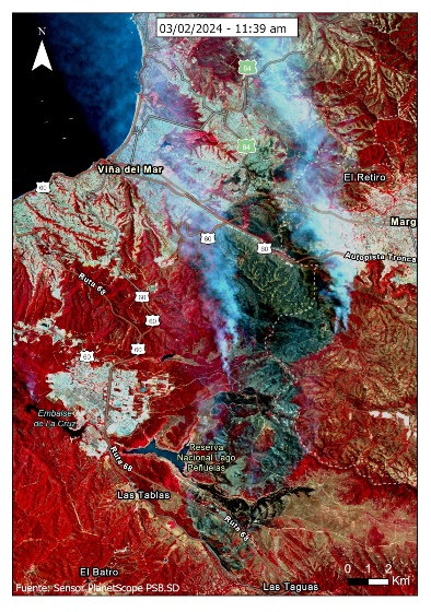   Imagen satelital que muestra, en rojo, las áreas afectadas por los incendios en la zona de Valparaíso y Viña del Mar.