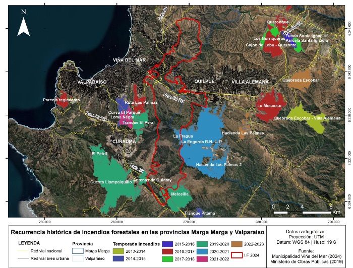 Mapa muestra la recurrencia de los distintos incendios que han afectado las provincias Marga Marga y Valparaíso