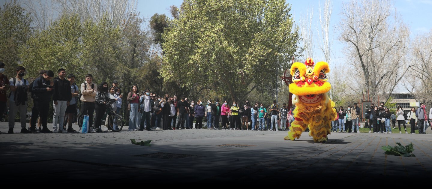Figura de la tradicional danza del león china durante una presentación en el campus San Joaquín UC.