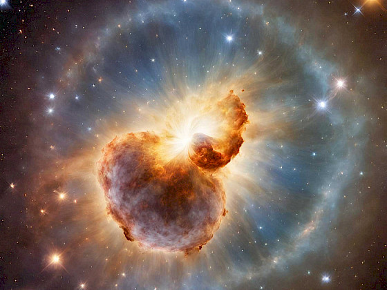 Image of a galaxy in formation in yellow and orange colors with a black and bluish background.