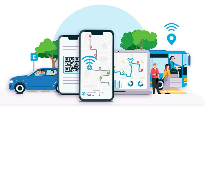 Ilustración que muestra smartphones, un computador, un auto y un bus.
