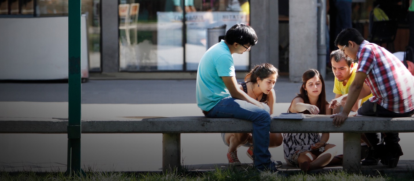 Jóvenes estudian en grupo sentados en una banca en el patio.