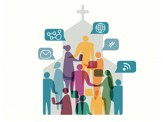 ilustración de una Iglesia con personas conversando