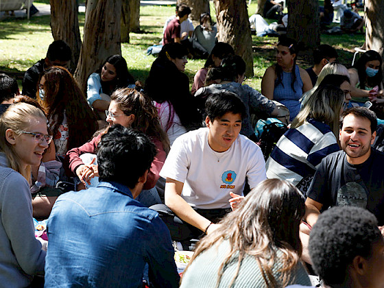 Estudiantes internacionales conversando en el patio.