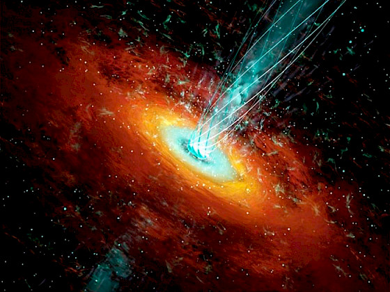 Ilustración artística de un agujero negro supermasivo con un anillo de gas brillante y un chorro de plasma azul emergiendo desde su centro.