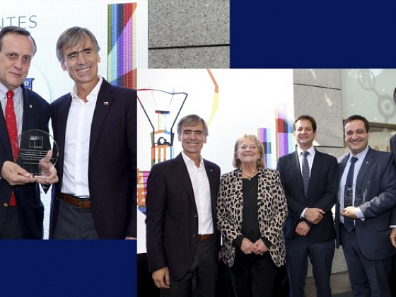 Rector Ignacio Sánchez recibiendo galardón de manos de los ministros de Ciencia y Economía. Además, la académica UC, Gloria Montenegro, fue reconocida por su gran trayectoria y aportes en materia científica.