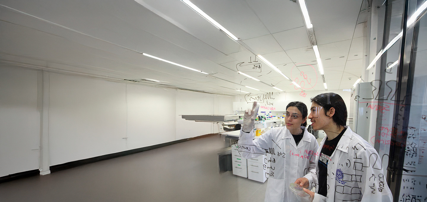 Investigadores haciendo anotaciones sobre un ventanal.