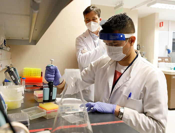 Alexis Kalergis observando a un investigador joven en su laboratorio.