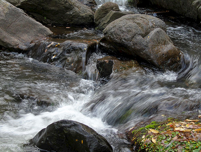 Agua corriendo de un río entre medio de unas piedras.