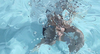 Pintura ultrarrealista "Apnea", de Nicole Tijoux, donde se aprecia un cuerpo sentado bajo el agua.