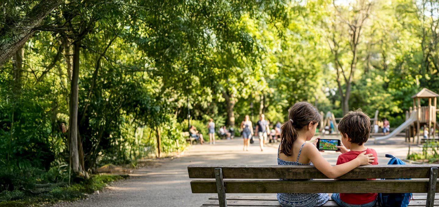 Niños mirando un celular de espaldas en un parque