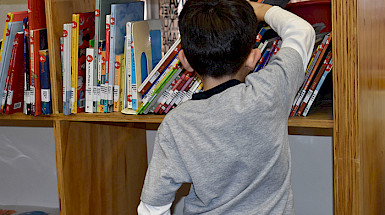 Niño sacando un libro de un estante
