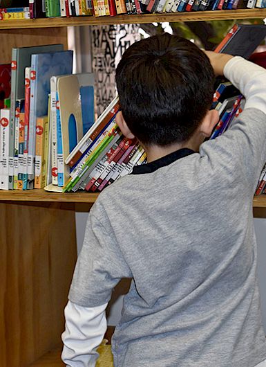 Niño sacando un libro de un estante