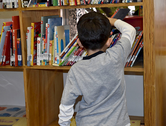 Niño sacando un libro de un estante