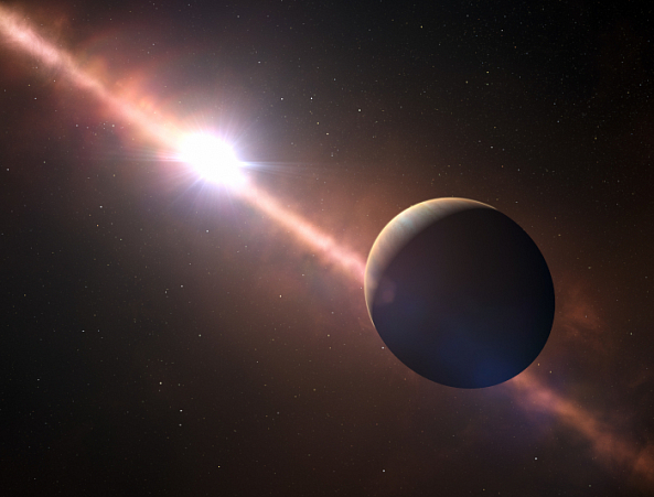 La visión de este artista muestra el planeta que orbita la joven estrella Beta Pictoris. Este exoplaneta es el primero que ha sido medido en su órbita de rotación. Crédito: ESO L. Calçada/N. Risinger (skysurvey.org)