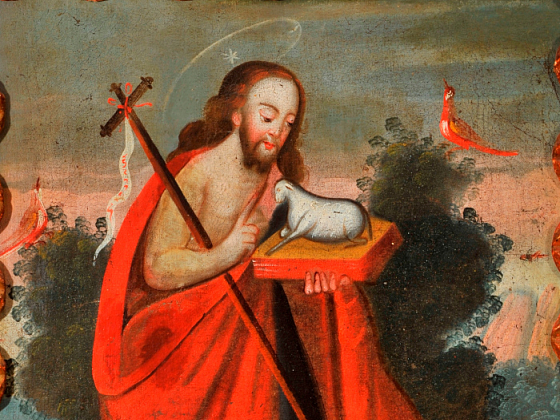 Cuadro de la colección Gandarillas que muestra a un santo junto a una oveja y dos pájaros.