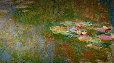 a painting of water lilies in a pond