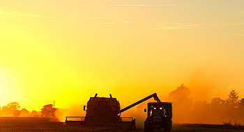 Tractor cosechando un campo al atardecer