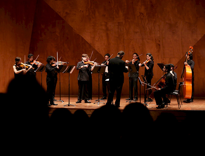 Orquesta tocando en un escenario con siluetas de público