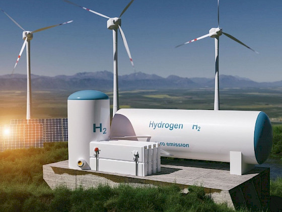 Green hydrogen cylinders next to wind energy generators and solar panels.