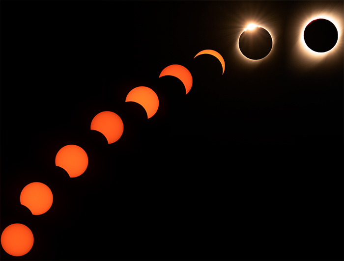 La Universidad Católica estará transmitiendo el eclipse en vivo desde la Araucanía, tanto el Instituto de Astrofísica -una de sus señales será compartida con instituciones internacionales como NASA-; además de una programación especial del Campus Villarrica. (Fotografía: Fases de un eclipse/Francisco Gamboa)